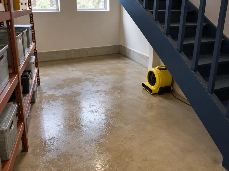 Water Extraction in Georgetown — damp storage-room floor and follow-up air mover